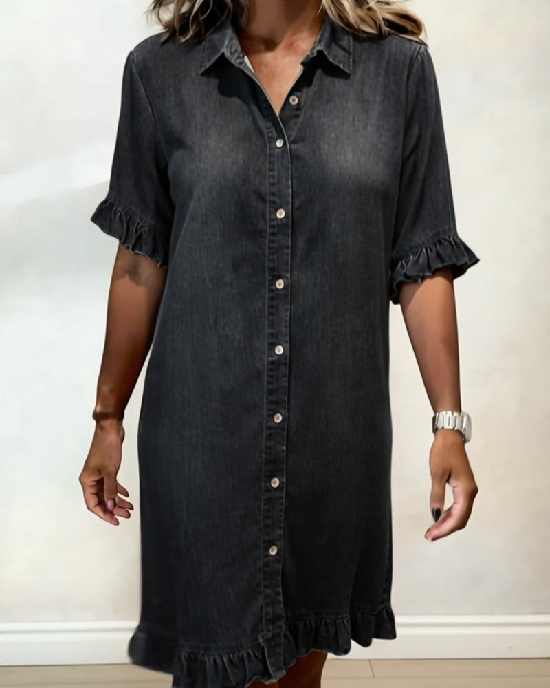 Maeve | Women's Denim Dress with Ruffle Sleeves & Button Front