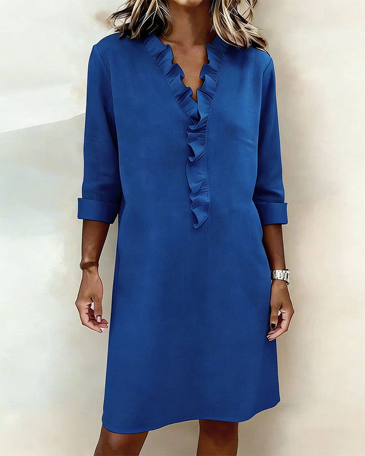 Ida | Women's V-Neck Ruffle Dress with Long Sleeve – Casual Daytime Wear