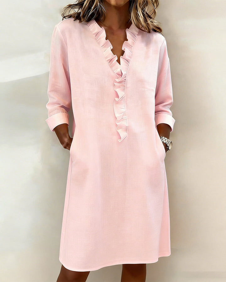 Ida | Women's V-Neck Ruffle Dress with Long Sleeve – Casual Daytime Wear