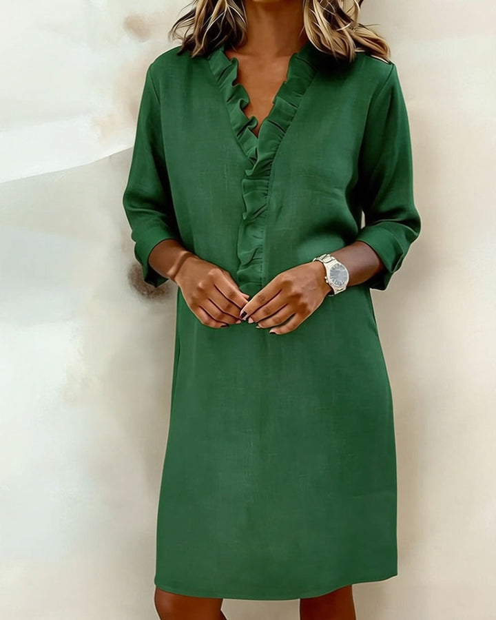 Ida | Women's V-Neck Ruffle Dress with Long Sleeve – Casual Daytime Wear
