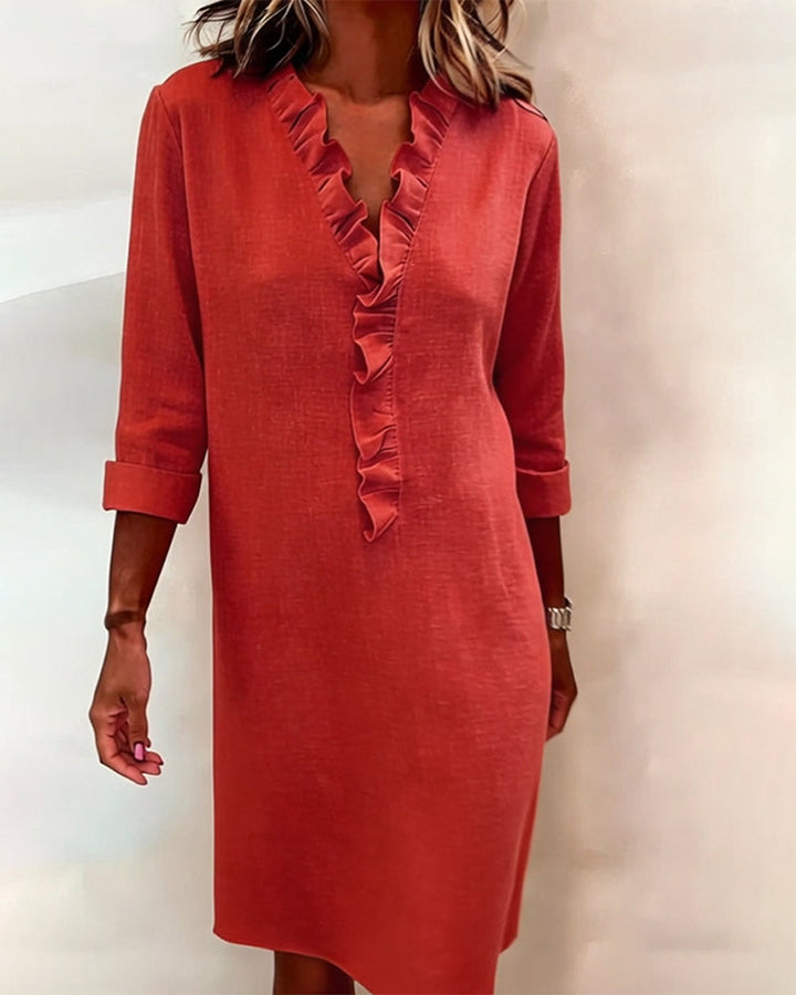 Ida | Women's V-Neck Ruffle Dress with Long Sleeve – Casual Daytime Wear