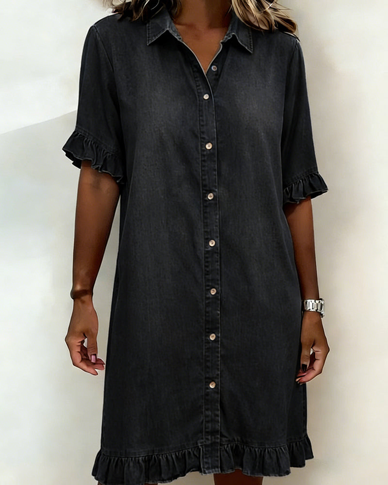 Maeve | Women's Denim Dress with Ruffle Sleeves & Button Front