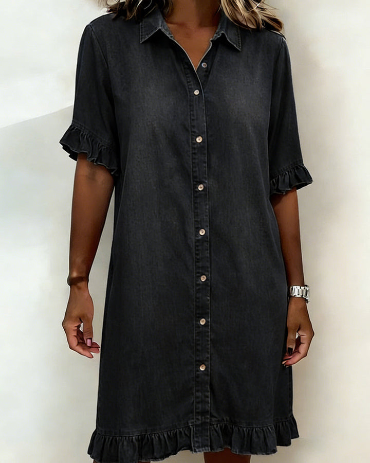 Maeve | Women's Denim Dress with Ruffle Sleeves & Button Front