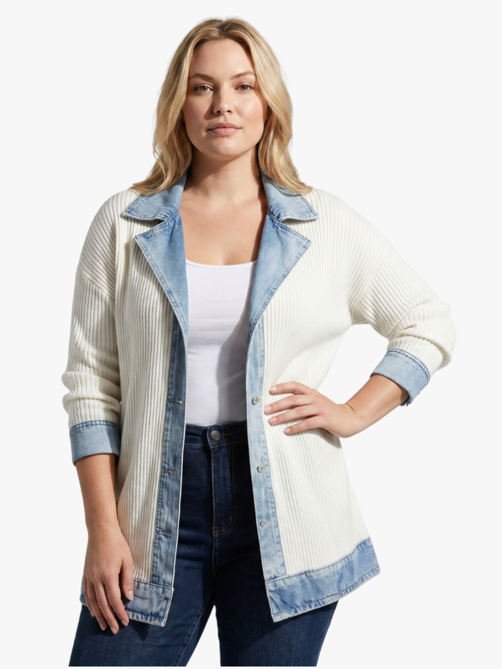 Ylva | Open-Front Long Cardigan with Denim-Effect Trim for Women