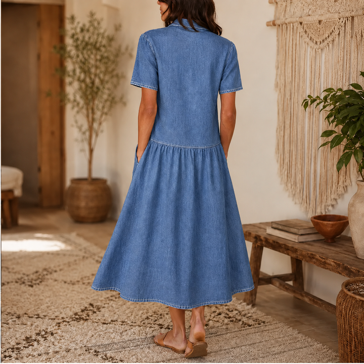 Valentine | A-Line Button-Front Midi Shirt Dress with Pockets