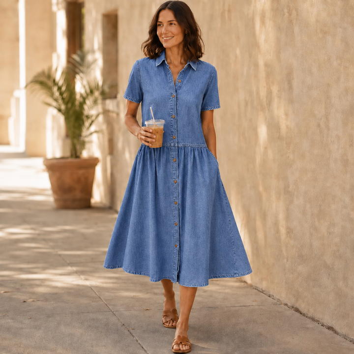 Valentine | A-Line Button-Front Midi Shirt Dress with Pockets