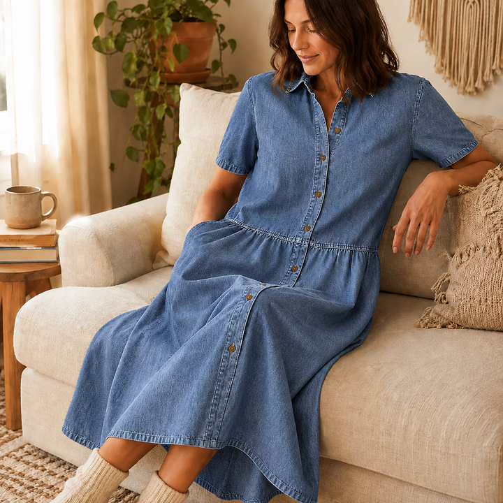 Valentine | A-Line Button-Front Midi Shirt Dress with Pockets