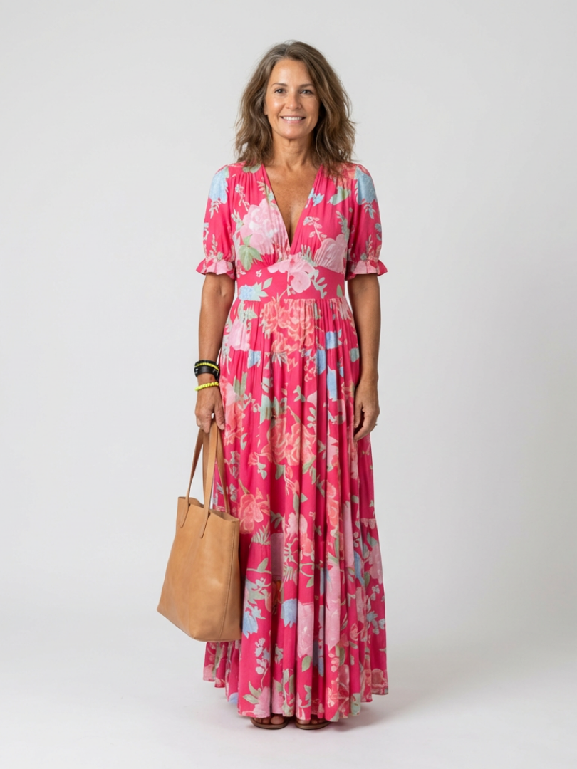 Sabina | Floral V-Neck Sleeveless Midi Dress with Flowy Skirt for Women