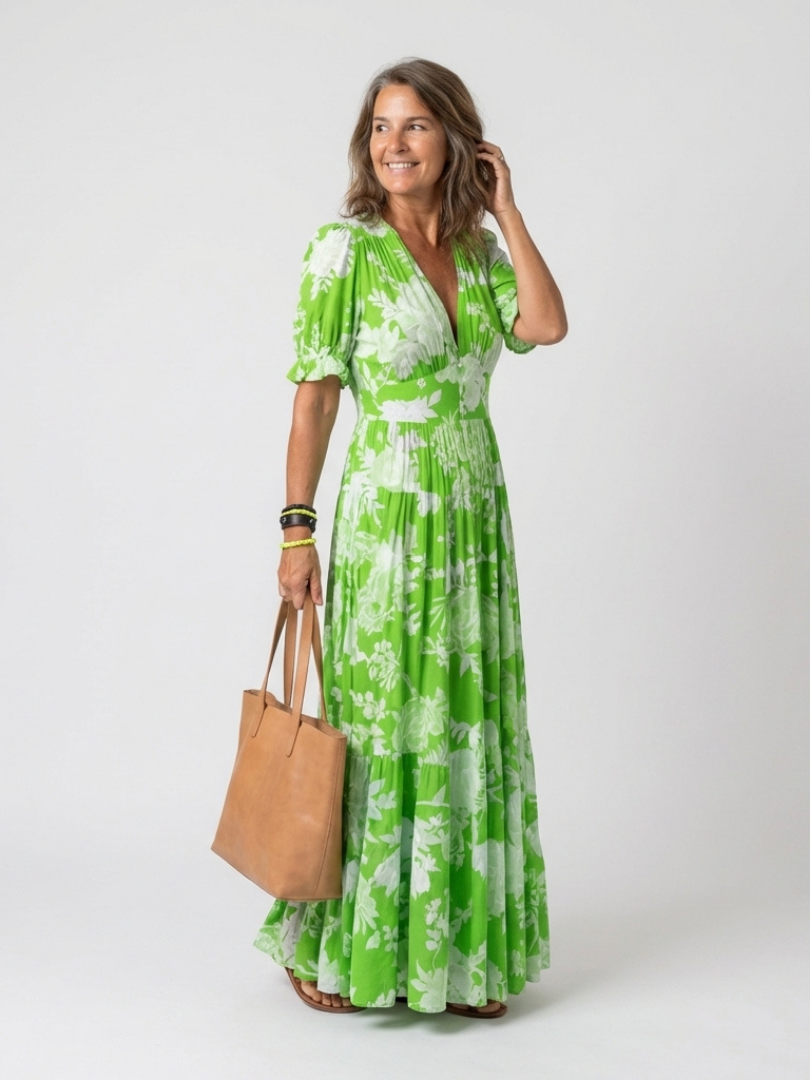 Sabina | Floral V-Neck Sleeveless Midi Dress with Flowy Skirt for Women