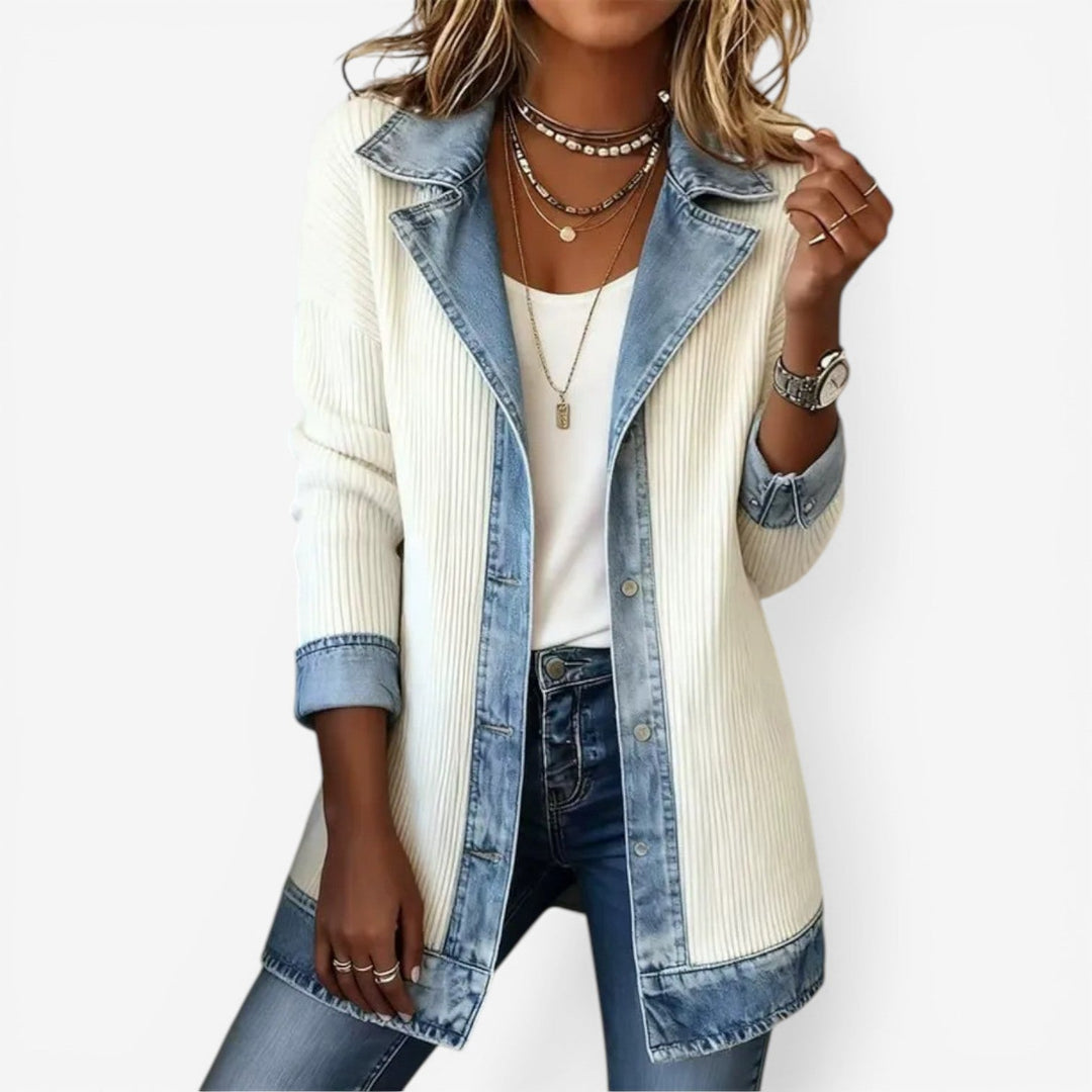 Ylva | Open-Front Long Cardigan with Denim-Effect Trim for Women