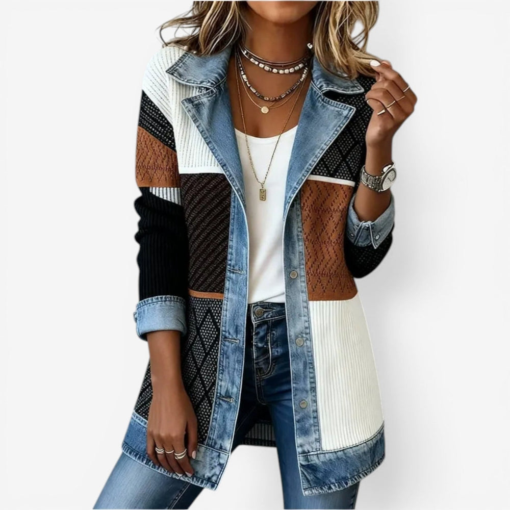 Ylva | Open-Front Long Cardigan with Denim-Effect Trim for Women