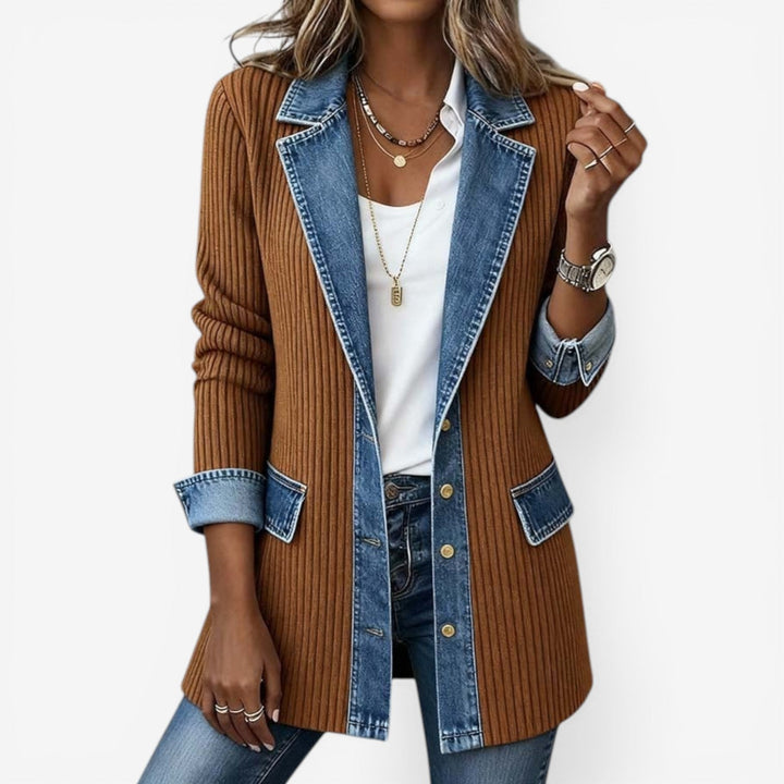 Ylva | Open-Front Long Cardigan with Denim-Effect Trim for Women
