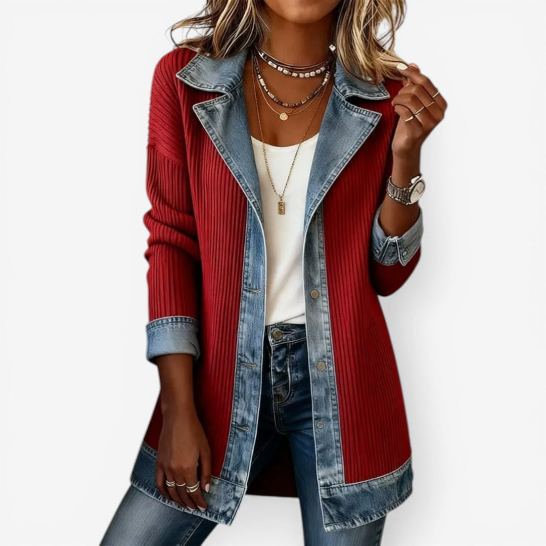 Ylva | Open-Front Long Cardigan with Denim-Effect Trim for Women