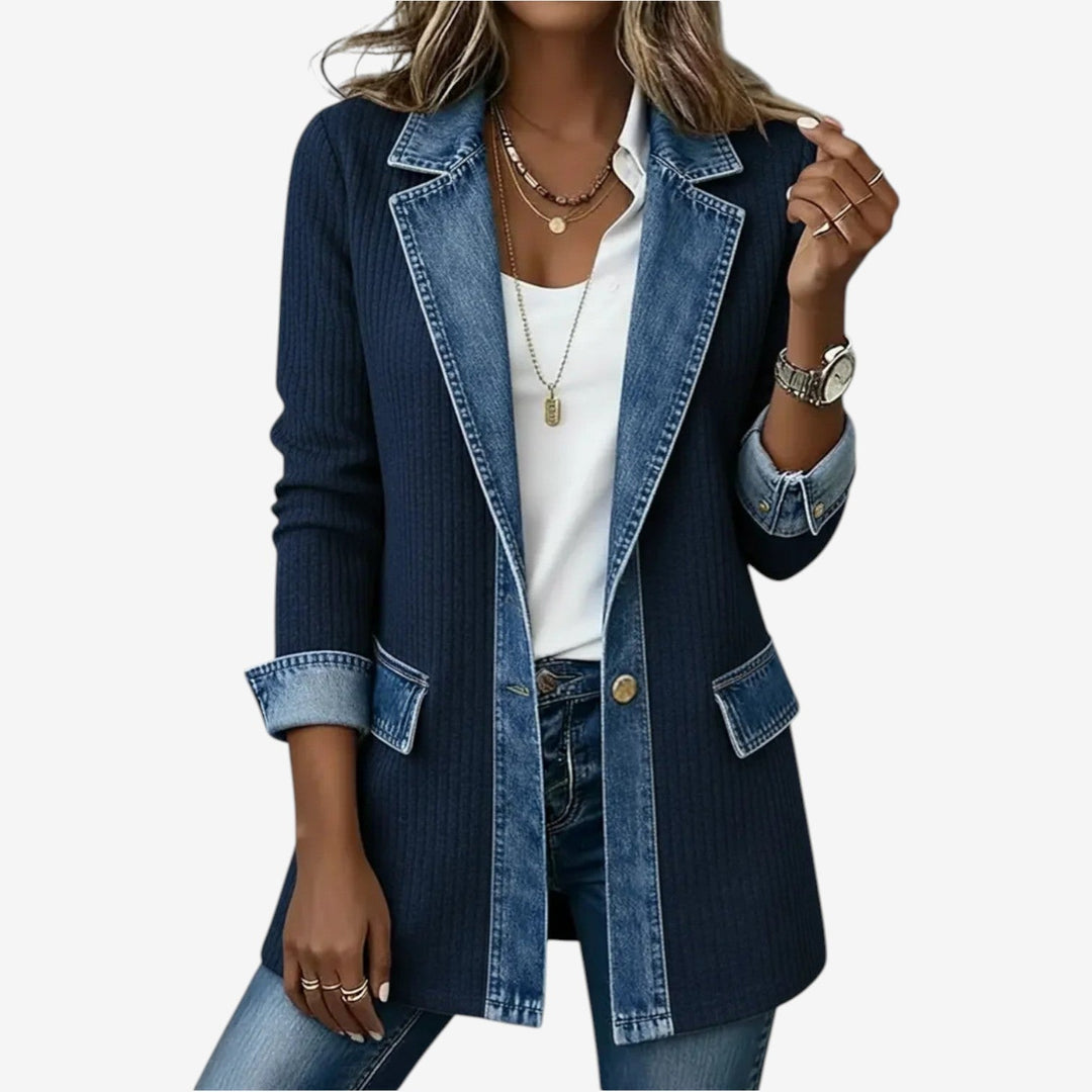 Ylva | Open-Front Long Cardigan with Denim-Effect Trim for Women