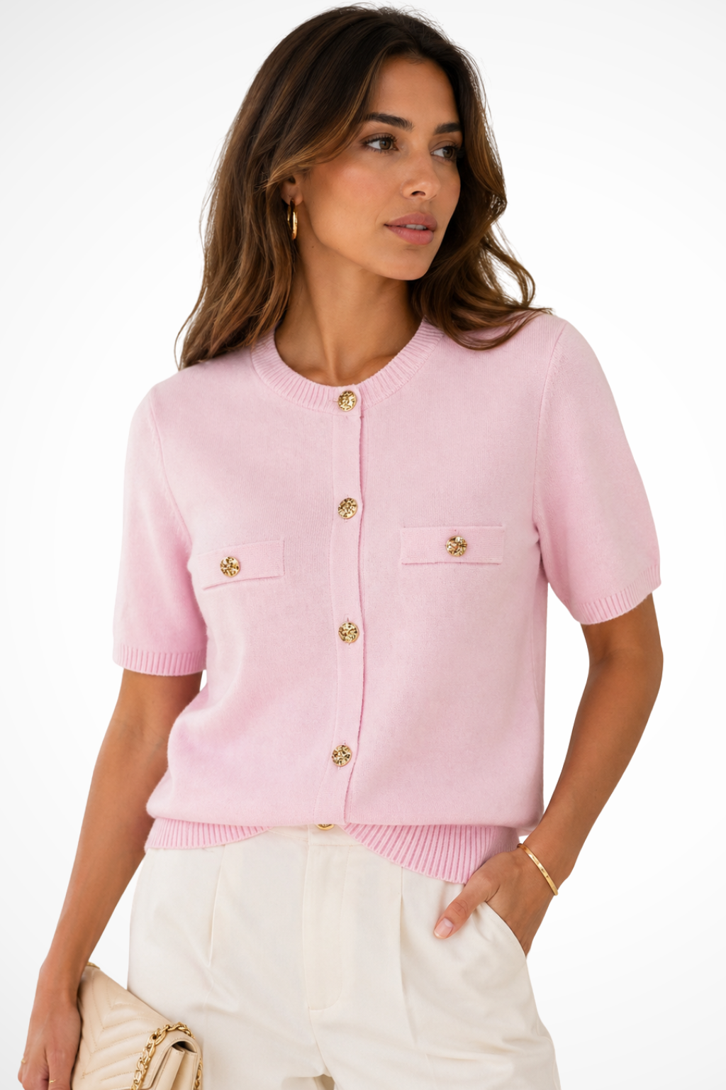 Nadalore | Ribbed Button-Front Cropped Cardigan with Short Sleeves for Women