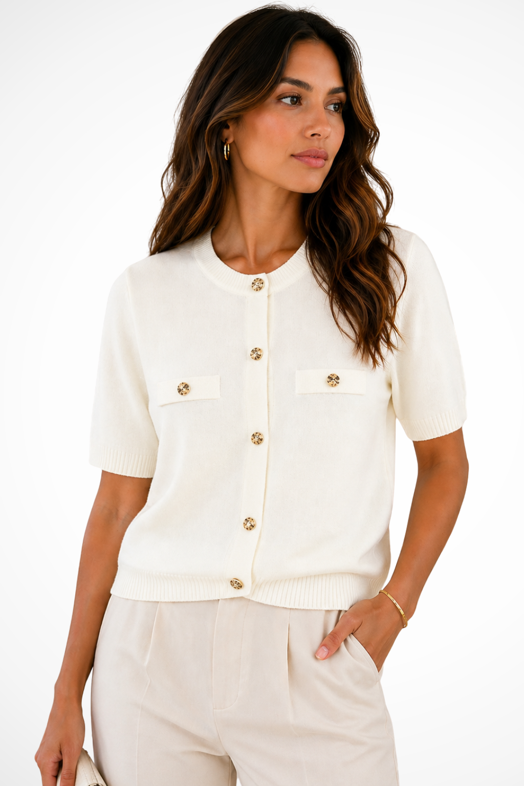 Nadalore | Ribbed Button-Front Cropped Cardigan with Short Sleeves for Women