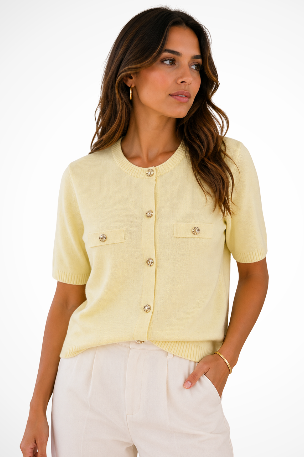 Nadalore | Ribbed Button-Front Cropped Cardigan with Short Sleeves for Women