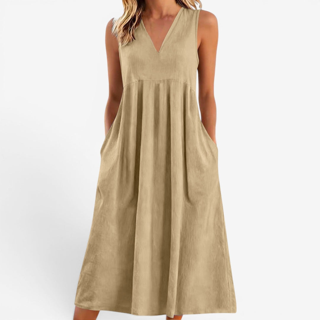 Janne | Women's Midi Dress V-Neck Flared Empire Waist – Casual Chic
