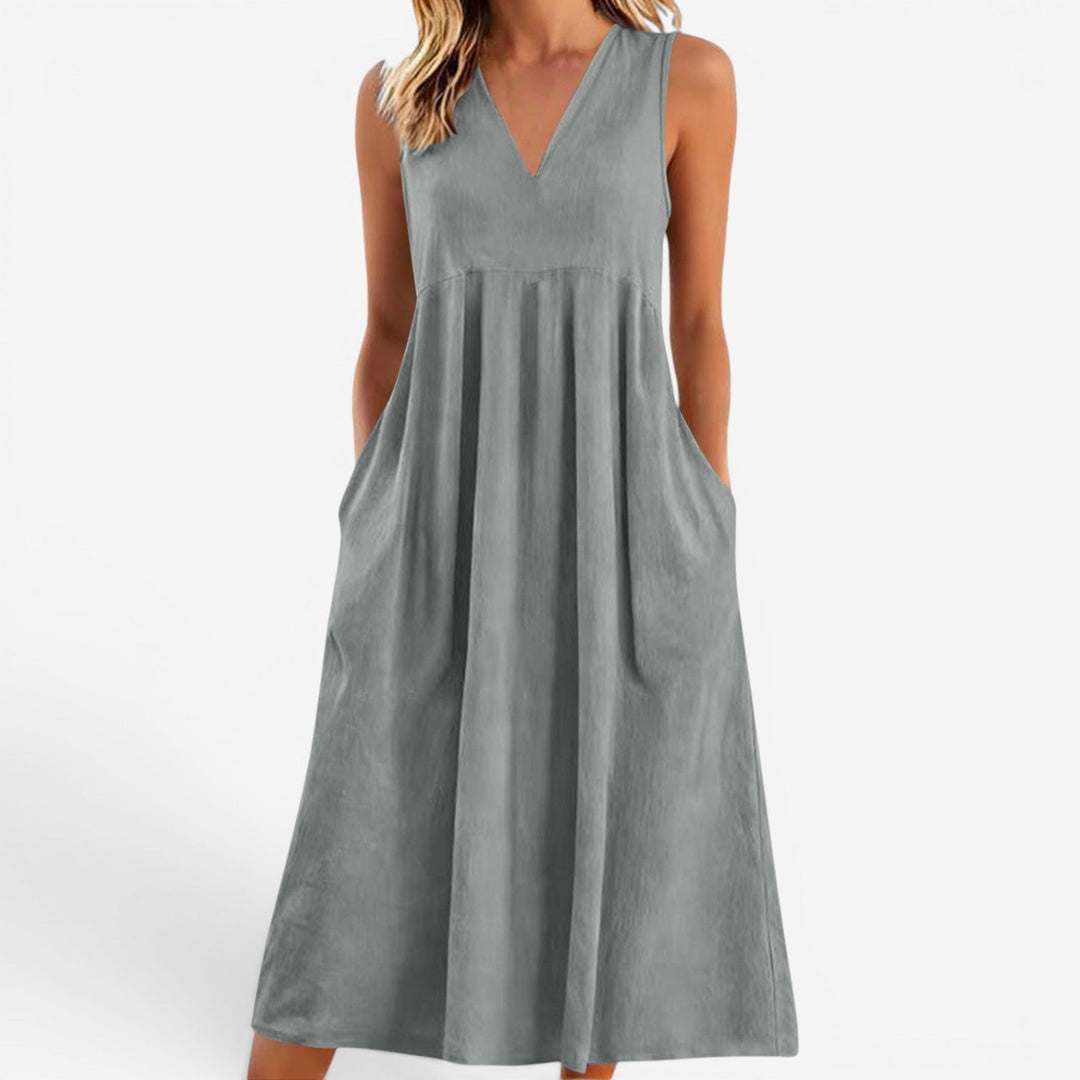 Janne | Women's Midi Dress V-Neck Flared Empire Waist – Casual Chic