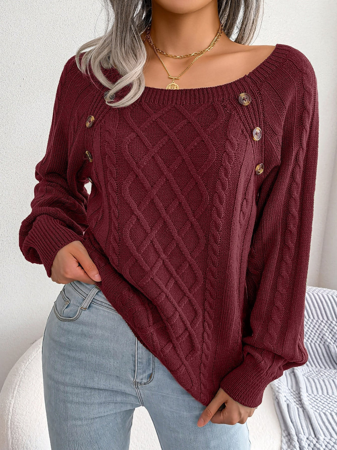 Freya | Woven-Pattern Sweater with Decorative Shoulder Buttons