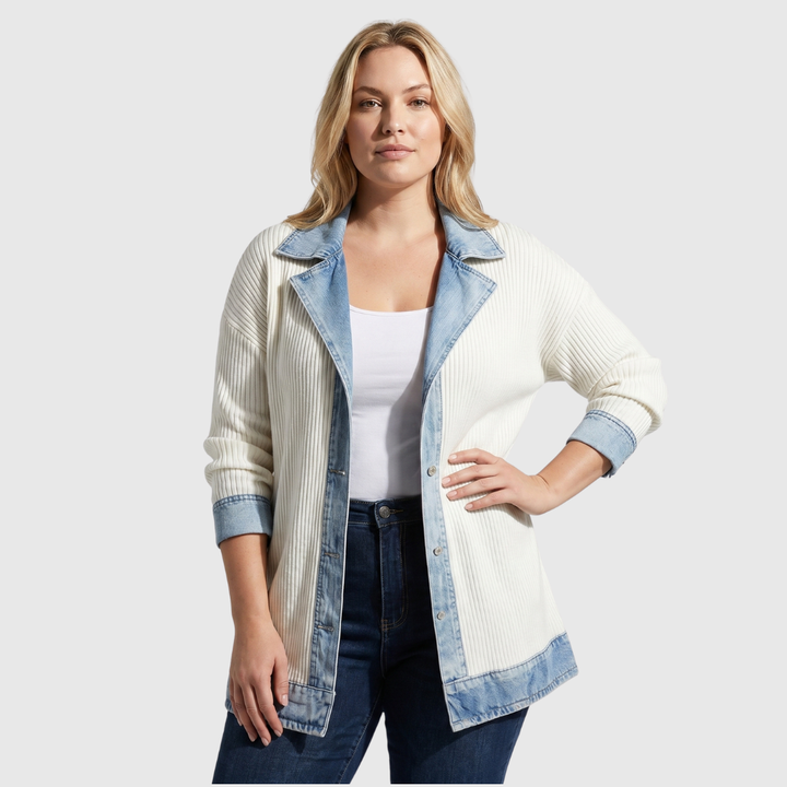 Ylva | Open-Front Long Cardigan with Denim-Effect Trim for Women