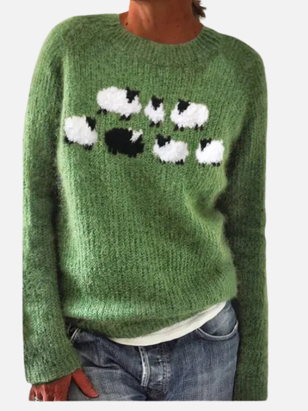 Silke | Fluffy Textured Sheep Print Sweater with Ribbed Round Neck