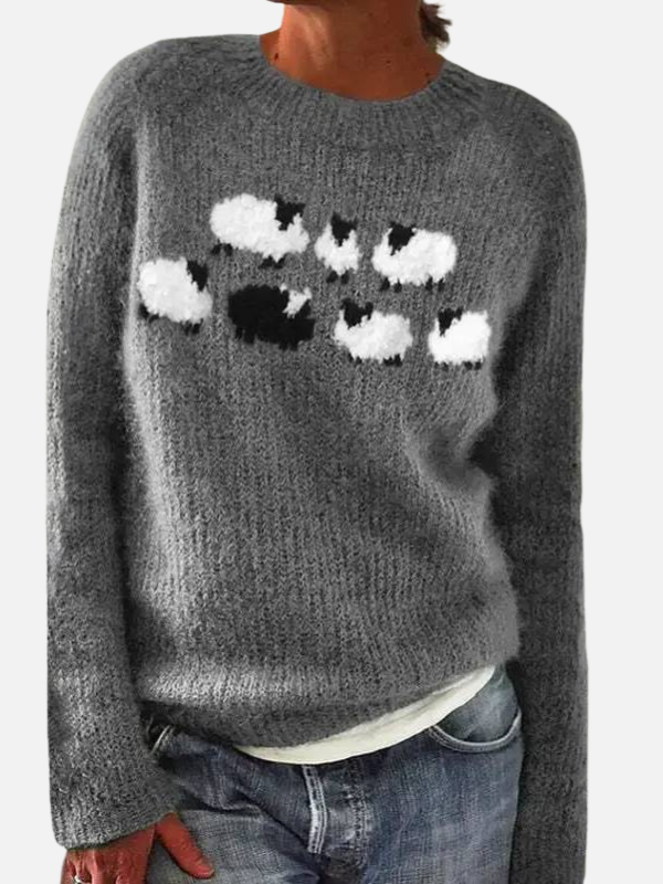 Silke | Fluffy Textured Sheep Print Sweater with Ribbed Round Neck