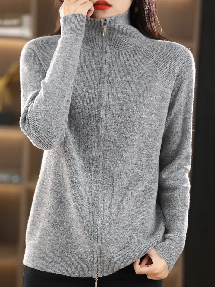 Yara | Zip-Up Ribbed Cardigan with Mock Neck and Long Sleeve for Women