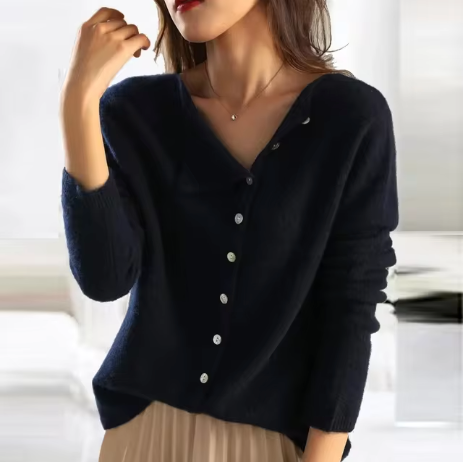 Nadyalise - Ribbed Knit Cardigan with Button Front and Asymmetric Hem