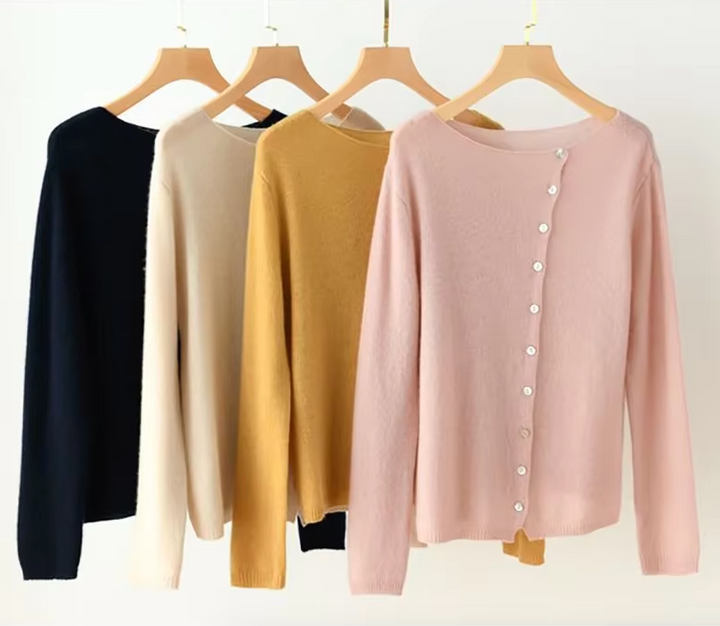 Nadyalise - Ribbed Knit Cardigan with Button Front and Asymmetric Hem