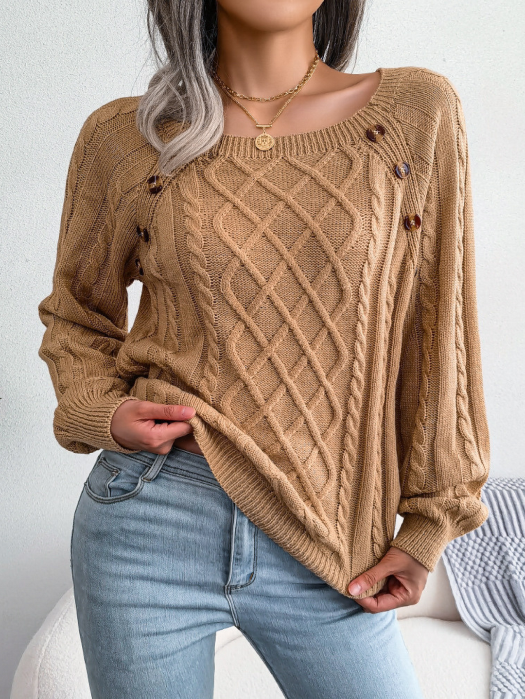 Freya | Woven-Pattern Sweater with Decorative Shoulder Buttons
