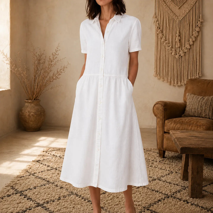 Valentine | A-Line Button-Front Midi Shirt Dress with Pockets
