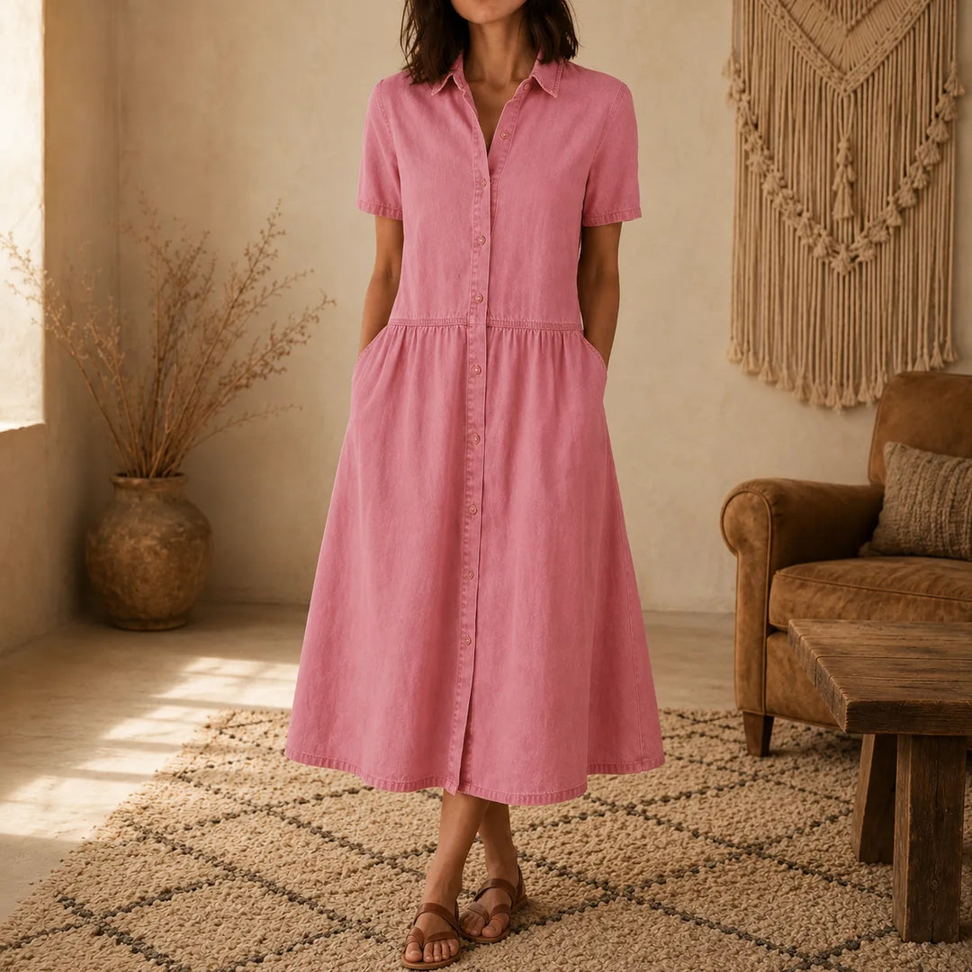 Valentine | A-Line Button-Front Midi Shirt Dress with Pockets