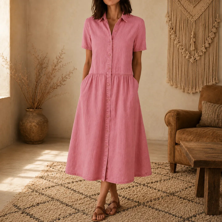 Valentine | A-Line Button-Front Midi Shirt Dress with Pockets