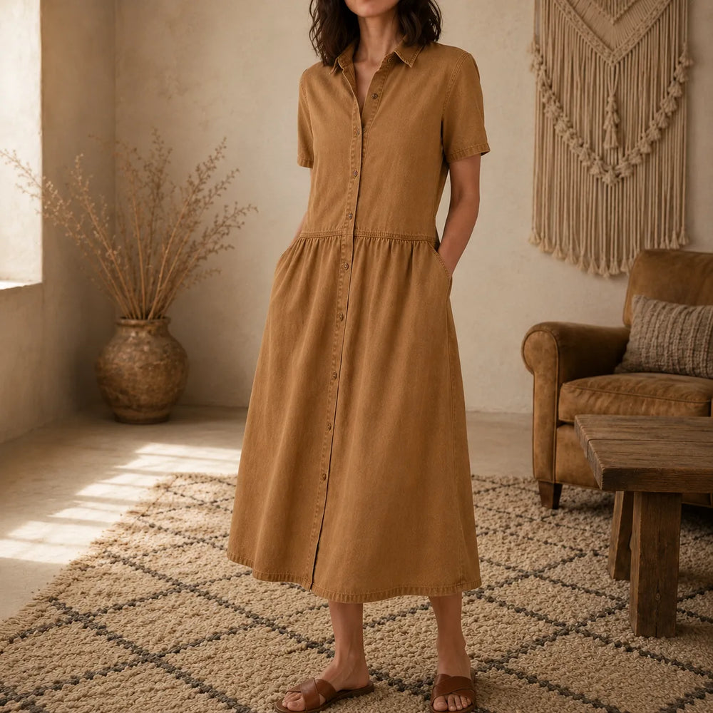 Valentine | A-Line Button-Front Midi Shirt Dress with Pockets