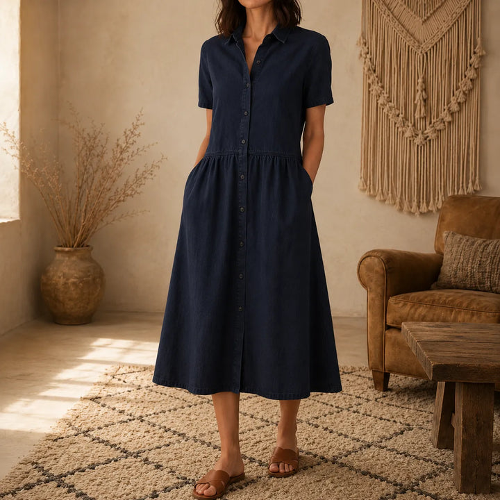 Valentine | A-Line Button-Front Midi Shirt Dress with Pockets