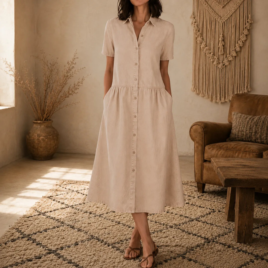 Valentine | A-Line Button-Front Midi Shirt Dress with Pockets