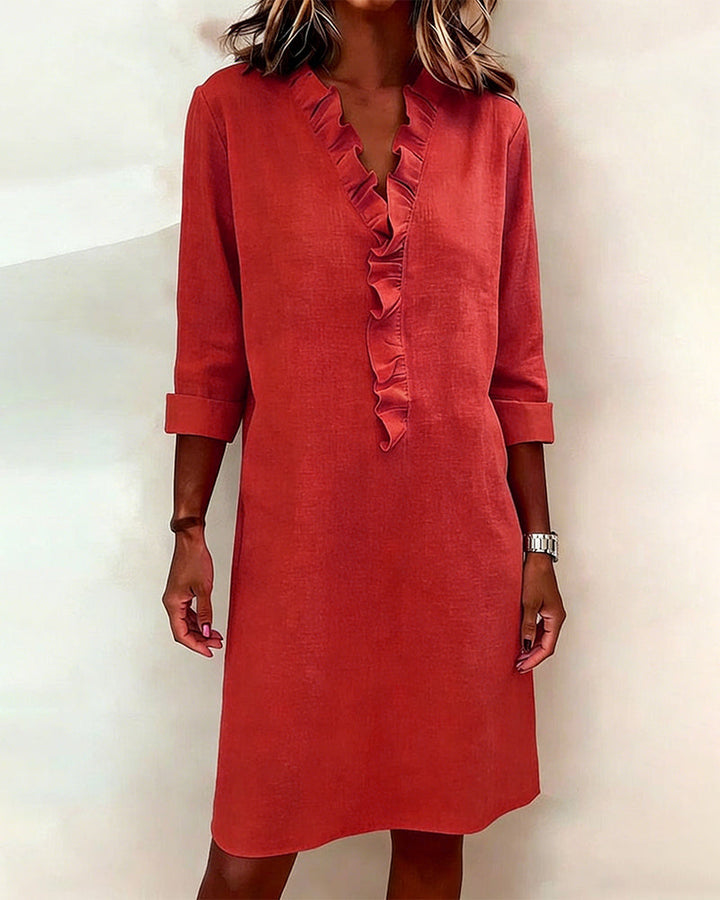 Ida | Women's V-Neck Ruffle Dress with Long Sleeve – Casual Daytime Wear