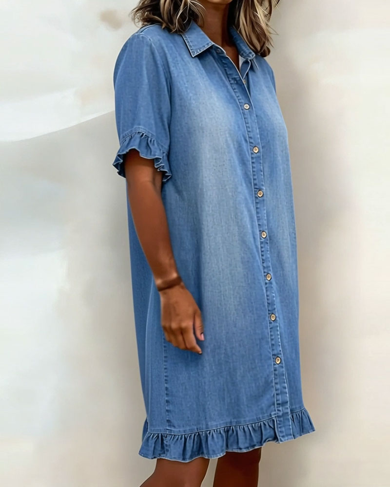 Maeve | Women's Denim Dress with Ruffle Sleeves & Button Front