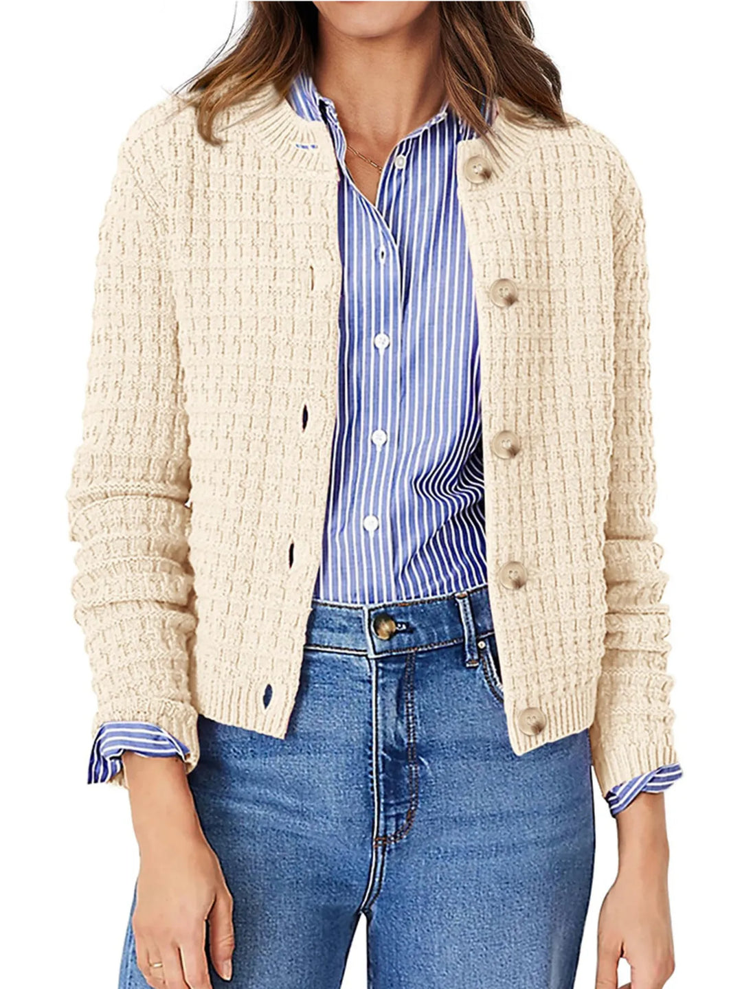 Nadalia | Button-Front Ribbed Cardigan with Notched Collar for Women