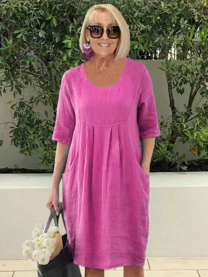 Nadalyra | Oversized Midi Dress with Side Pockets and Round Neck for Women