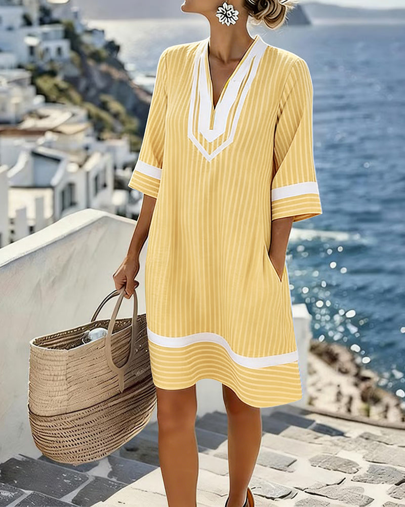 Yvette | Striped V-Neck Shift Dress with Short Sleeves and Pockets for Women