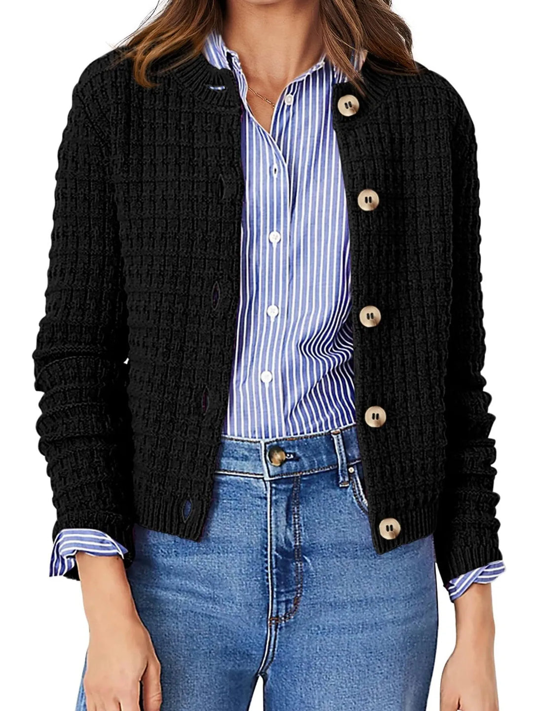 Nadalia | Button-Front Ribbed Cardigan with Notched Collar for Women