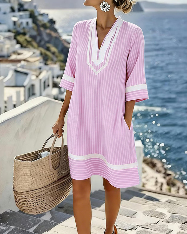 Yvette | Striped V-Neck Shift Dress with Short Sleeves and Pockets for Women