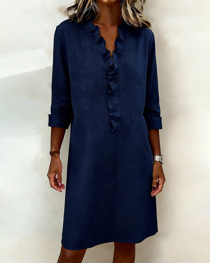 Ida | Women's V-Neck Ruffle Dress with Long Sleeve – Casual Daytime Wear