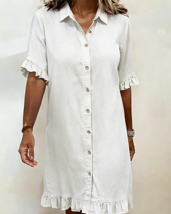 Maeve | Women's Denim Dress with Ruffle Sleeves & Button Front