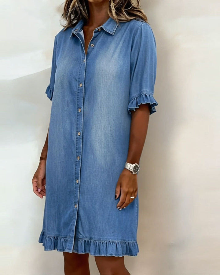 Maeve | Women's Denim Dress with Ruffle Sleeves & Button Front