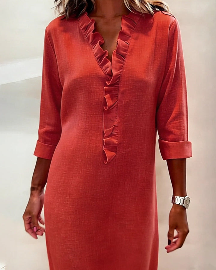 Ida | Women's V-Neck Ruffle Dress with Long Sleeve – Casual Daytime Wear