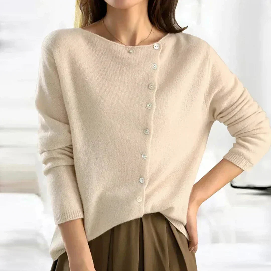 Nadyalise - Ribbed Knit Cardigan with Button Front and Asymmetric Hem