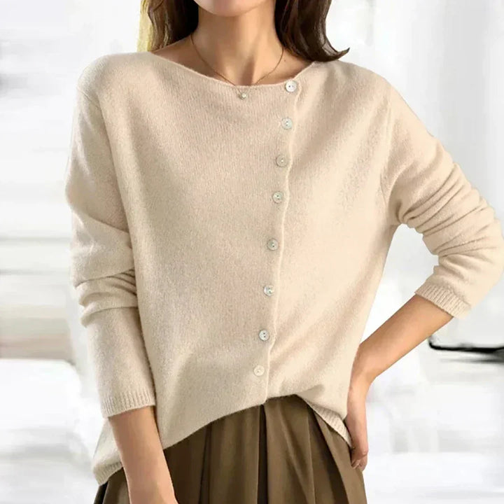 Nadyalise - Ribbed Knit Cardigan with Button Front and Asymmetric Hem